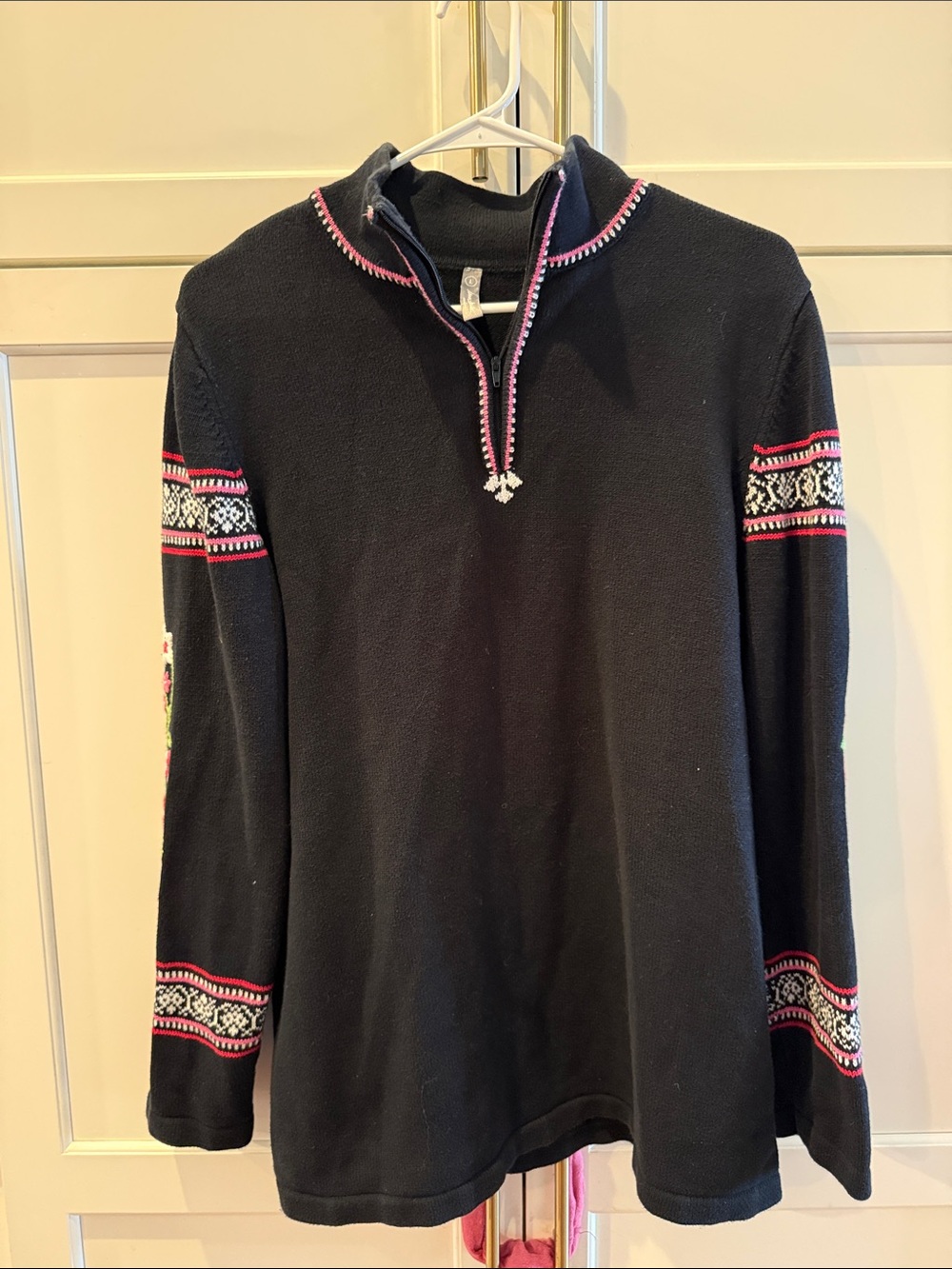 Hanna Andersson Black 1/4 Zip Sweater with Pink & White Nordic Accents 💯 cotton